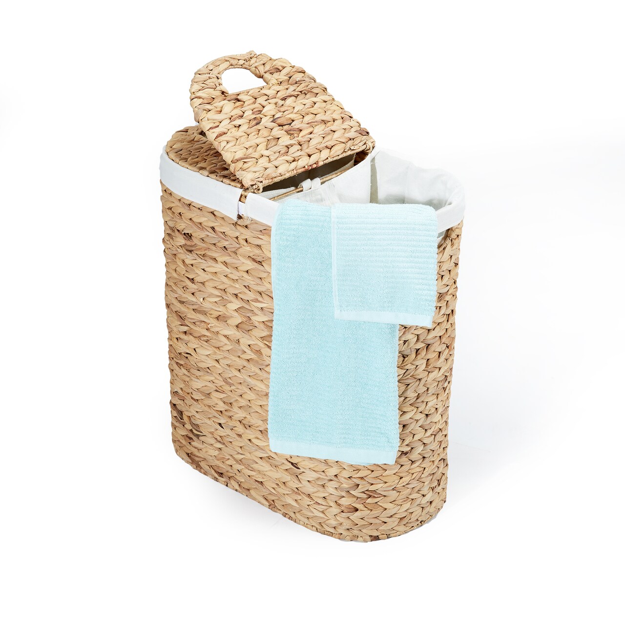 Seville Classics Natural Handwoven Lidded Oval Double Laundry Hamper, 22.75" W x 13" D x 24" H